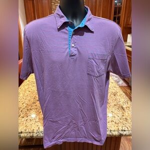 Peter Millar men’s golf polo. Sharp red & blue striped with contrast collar. Med